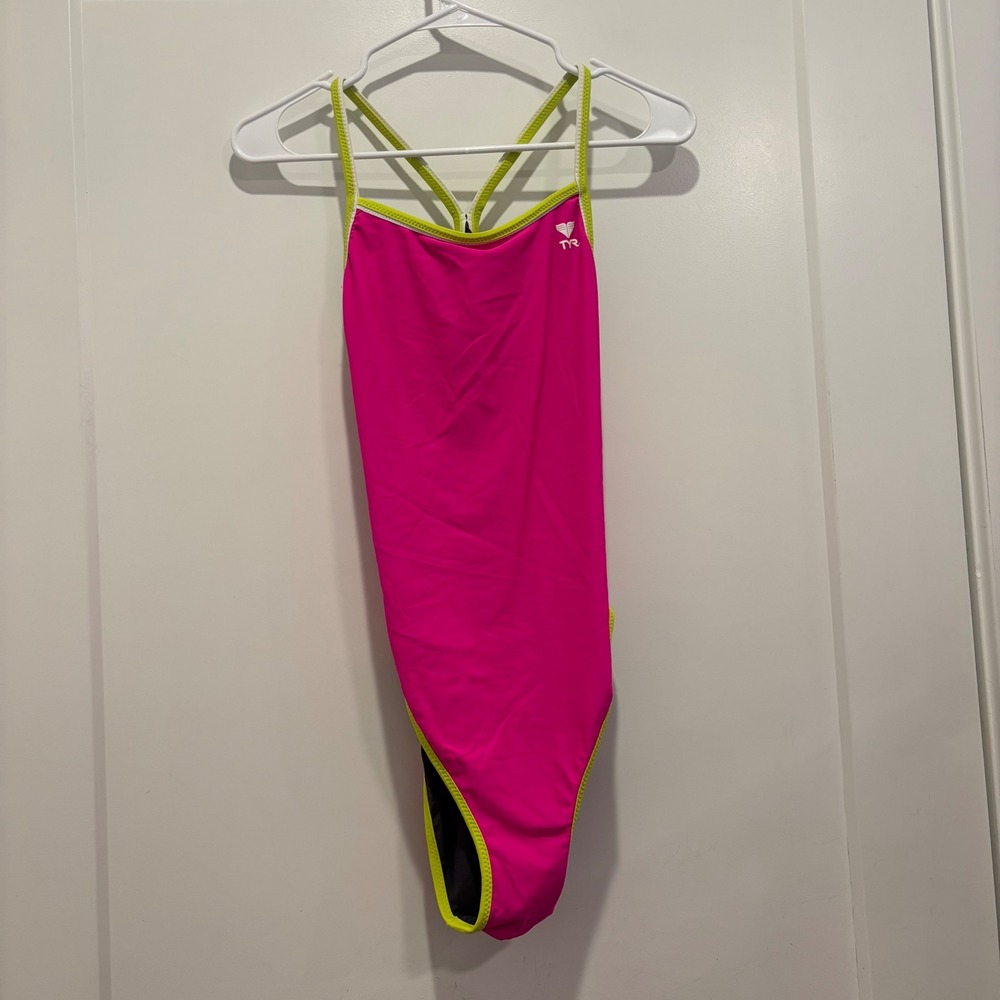 TYR Pink Lime Green Performance One Piece Swimsuit Racerback Athletic Training
